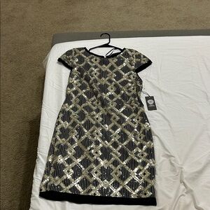 Vince Camuto Black and Gold Sequin Pattern Dress